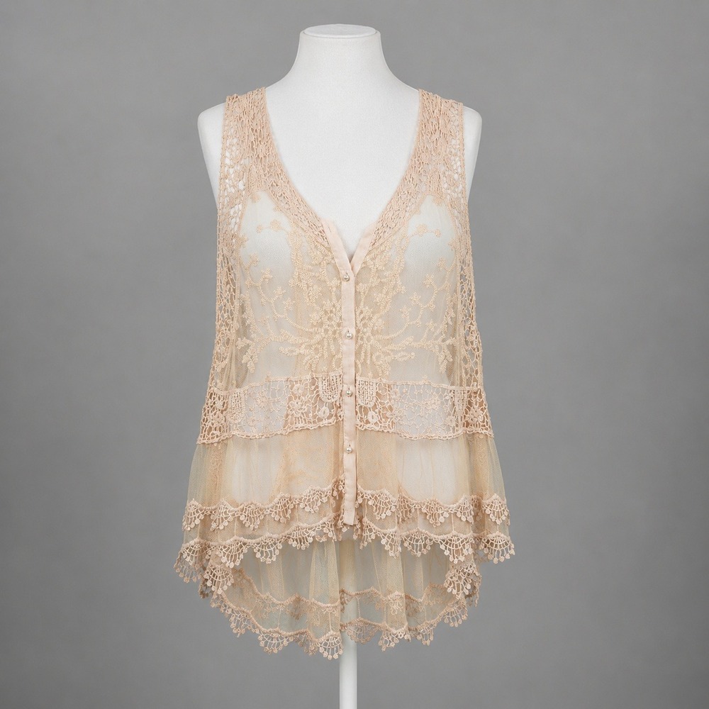 Vintage Y2K Floral Fairy Lace Button Tank Sheer Mesh Layer Boho Indie Romantic